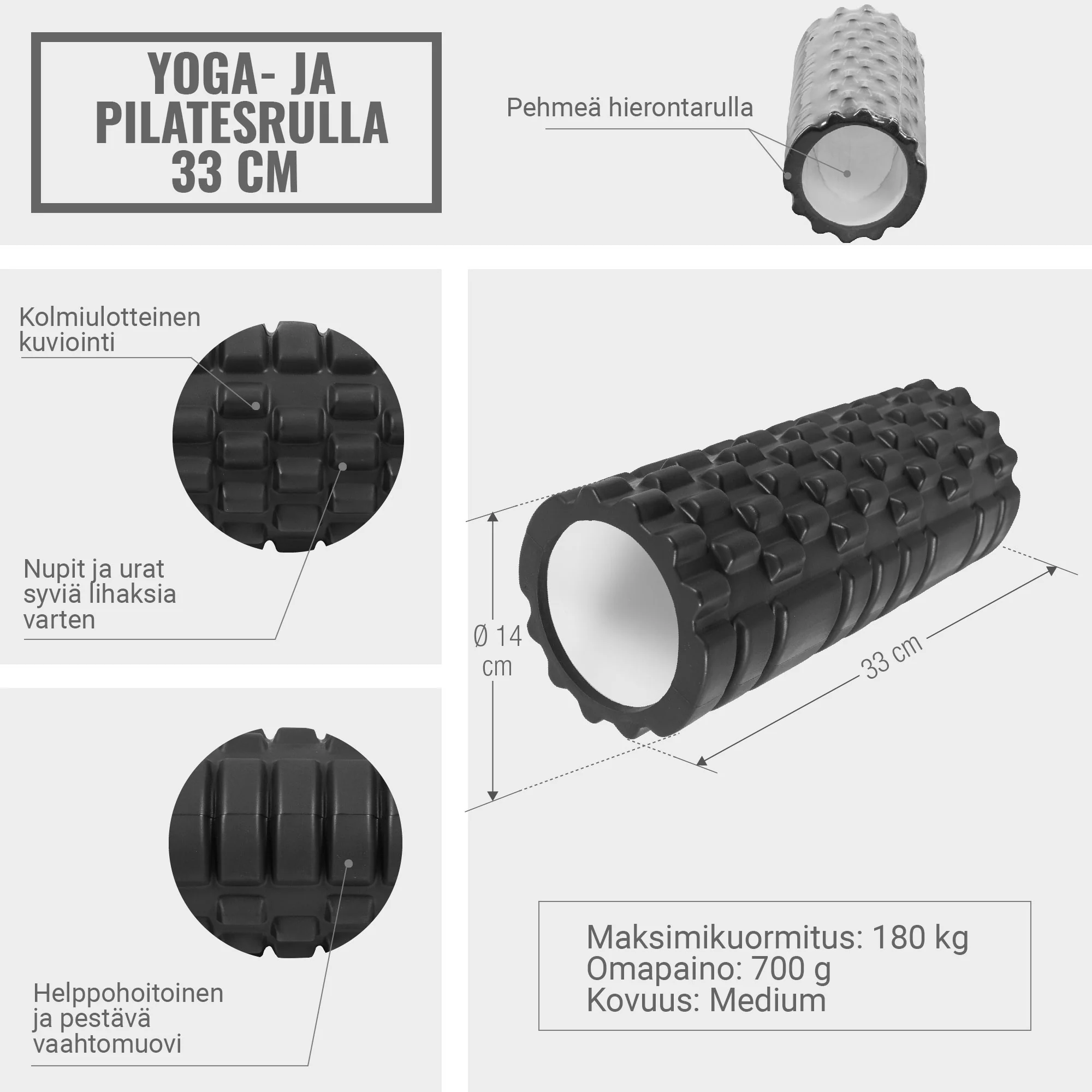 Foam Roller 2.0 hierontarulla 32 x 14 cm musta - Image 7