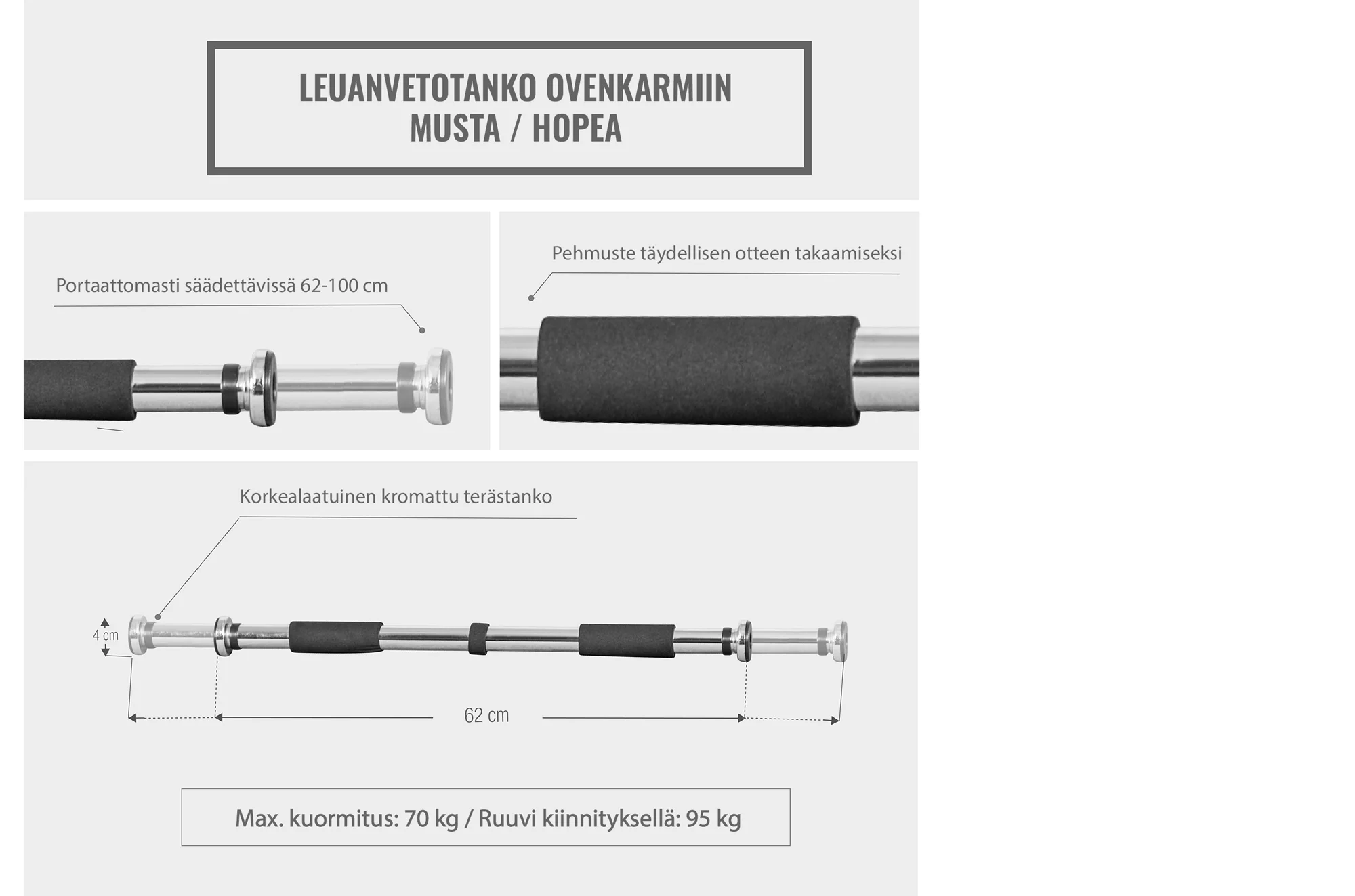 Leuanvetotanko oveen 62-100 cm, kromi/musta - Image 8