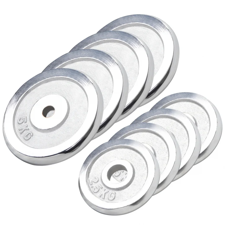 Kromatut levypainot 30 mm, 4 x 2,5 kg + 4 x 5 kg
