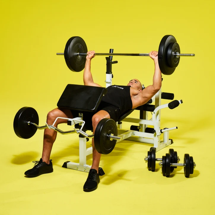 Säädettävä painonnostopenkki + 100 kg levytankosetti, valkoinen - Image 15