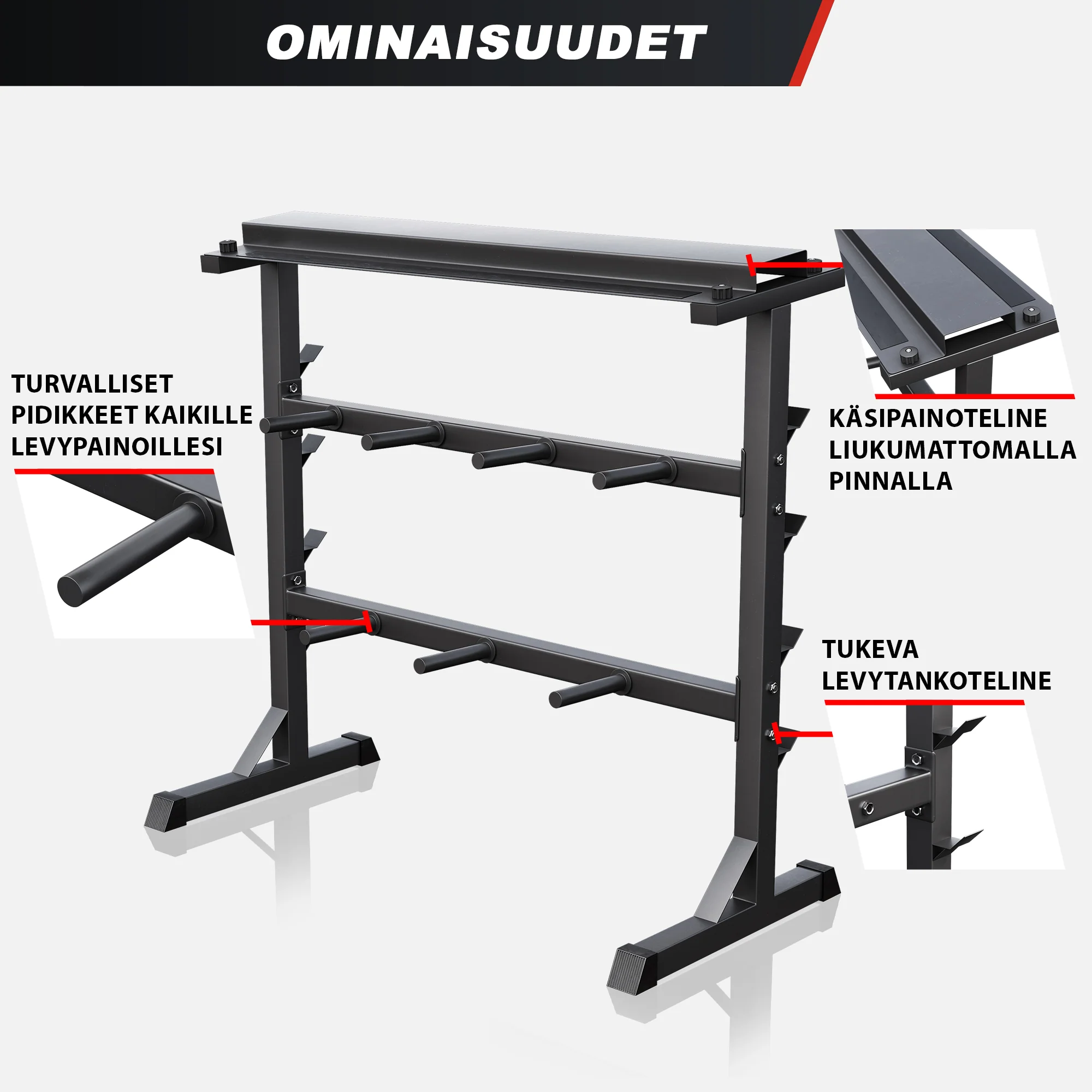 3-In-1 painoteline levypainoille, käsipainoille ja tangoille, musta - Image 7