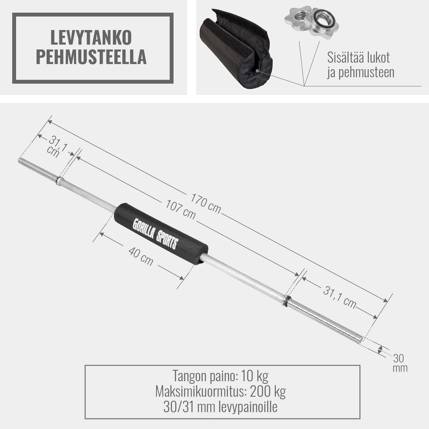 Suora levytanko 170 cm kierrelukoilla ja tankopehmuste - Image 4